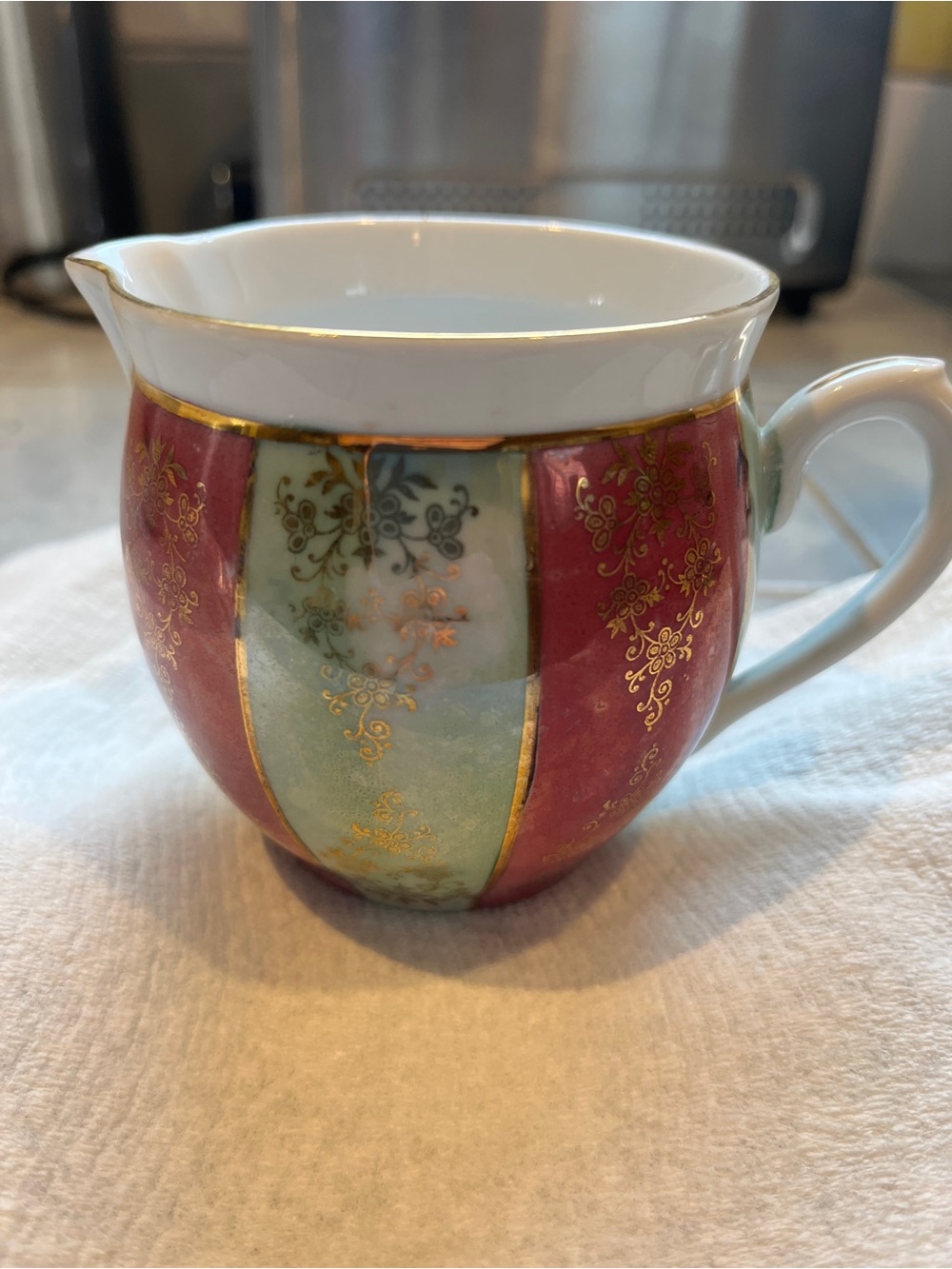 Austrian vintage China Creamer lusters, Green and purple gilt trim